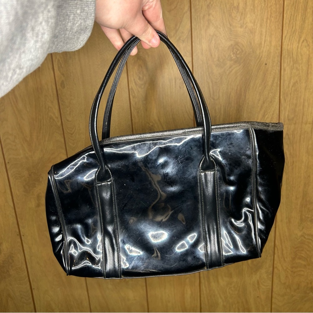 Vintage 60s Black Vinyl Lock Small Handbag - Picture 8 of 9